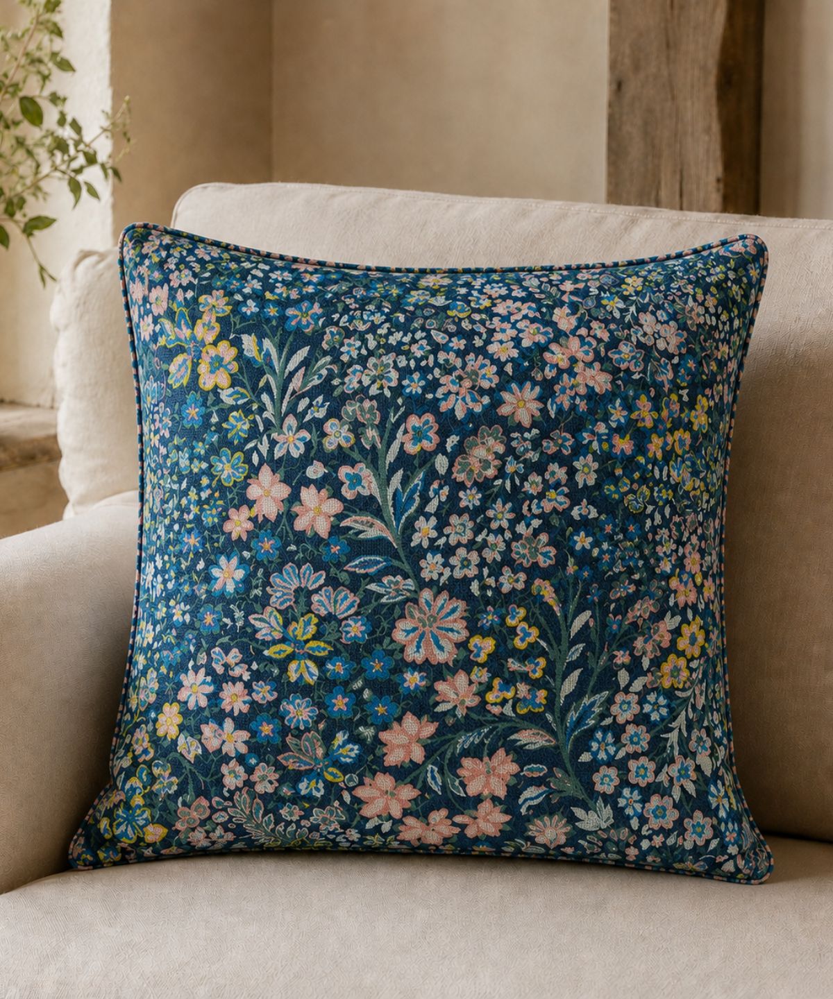 Millefiori limited edition decorative cushion in deep midnight blue floral linen